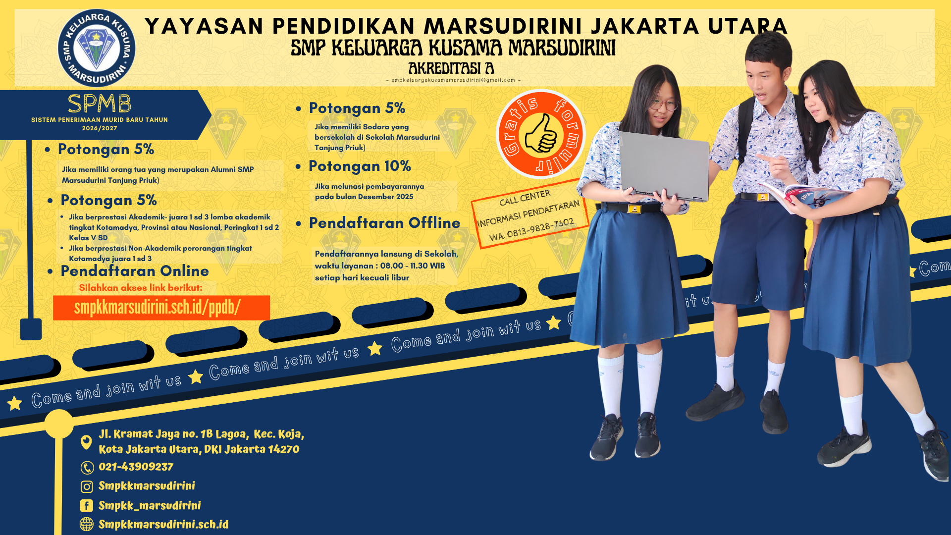 SPMB TAHUN AJARAN 2026/2027 SMP KELUARGA KUSUMA MARSUDIRINI TELAH DIBUKA